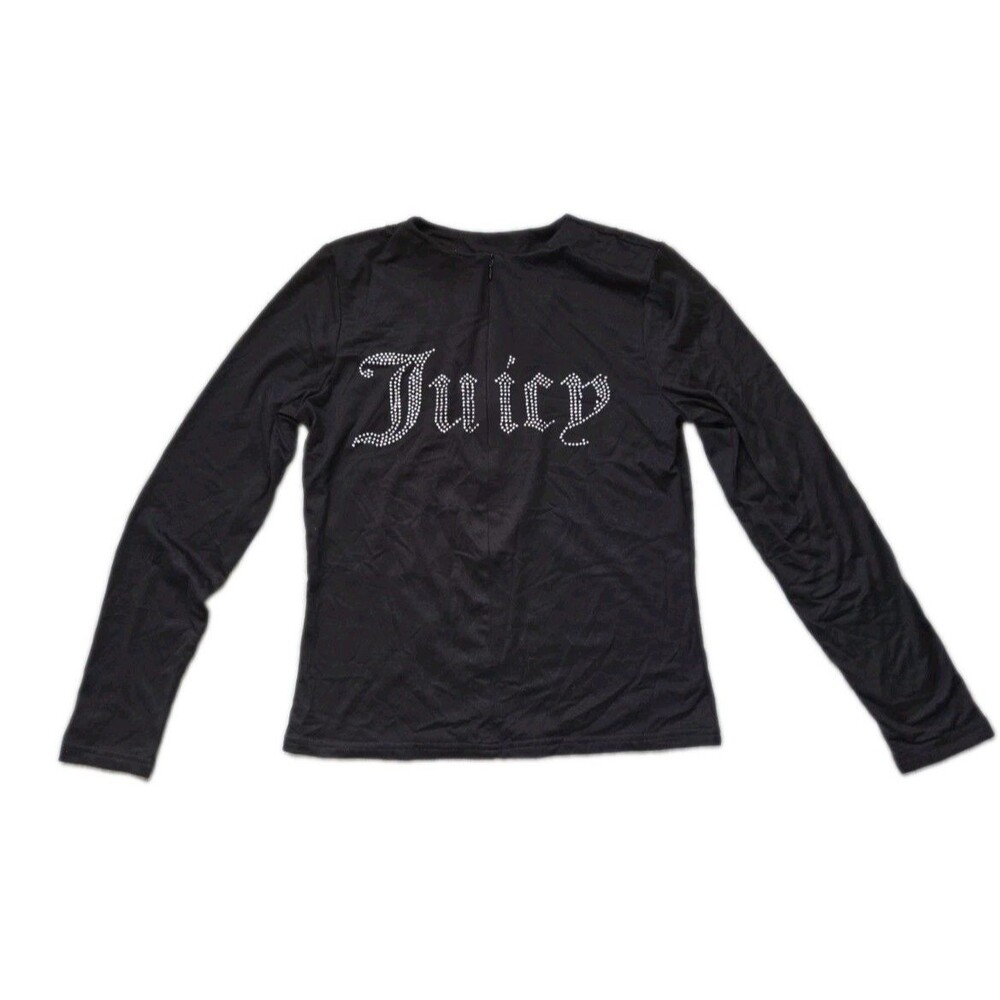 Juicy Couture Womens L Black Rhinestone Logo Long Sleeve Zip Front Y2K Top EUC